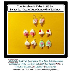 5/$20 Sweet Ice Cream Cone Interchangeable Food Charm Earrings-5 Pairs in Set